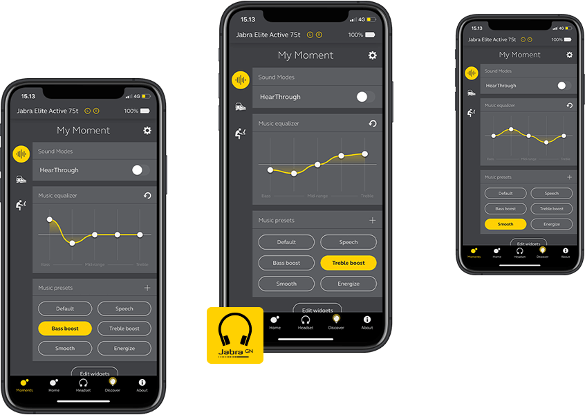 Screenshots from the Jabra Sound+ App - Access SmartSound and other features for your Jabra wireless headphones